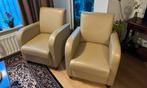 2 nieuwe leren design fauteuils stoelen beige, Minder dan 75 cm, Leer, Ophalen of Verzenden, Zo goed als nieuw