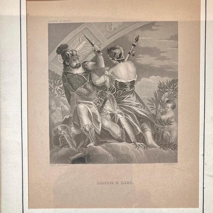 Antieke prent van gravure Romeinse goden, Antiek en Kunst, Kunst | Etsen en Gravures, Ophalen of Verzenden