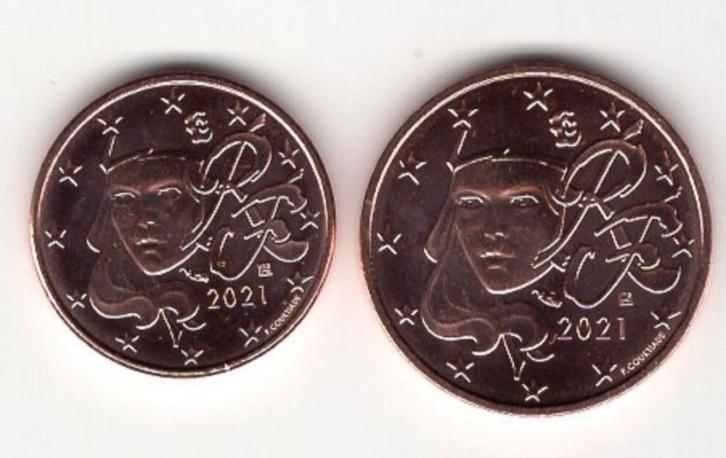 1 en 2 Eurocent Frankrijk 2021 - UNC, Postzegels en Munten, Munten | Europa | Euromunten, Setje, Overige waardes, Frankrijk, Verzenden