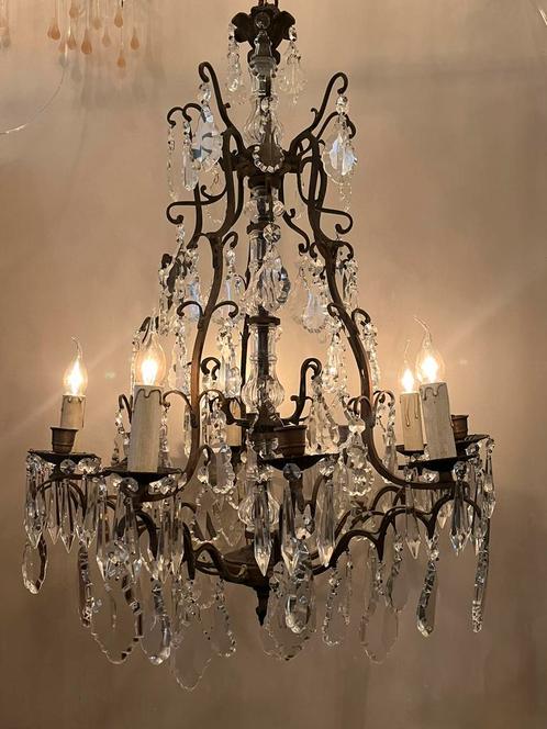 3 stuks Flamant grote kroonluchters bronzen frame kristal, Huis en Inrichting, Lampen | Kroonluchters, Zo goed als nieuw, Glas