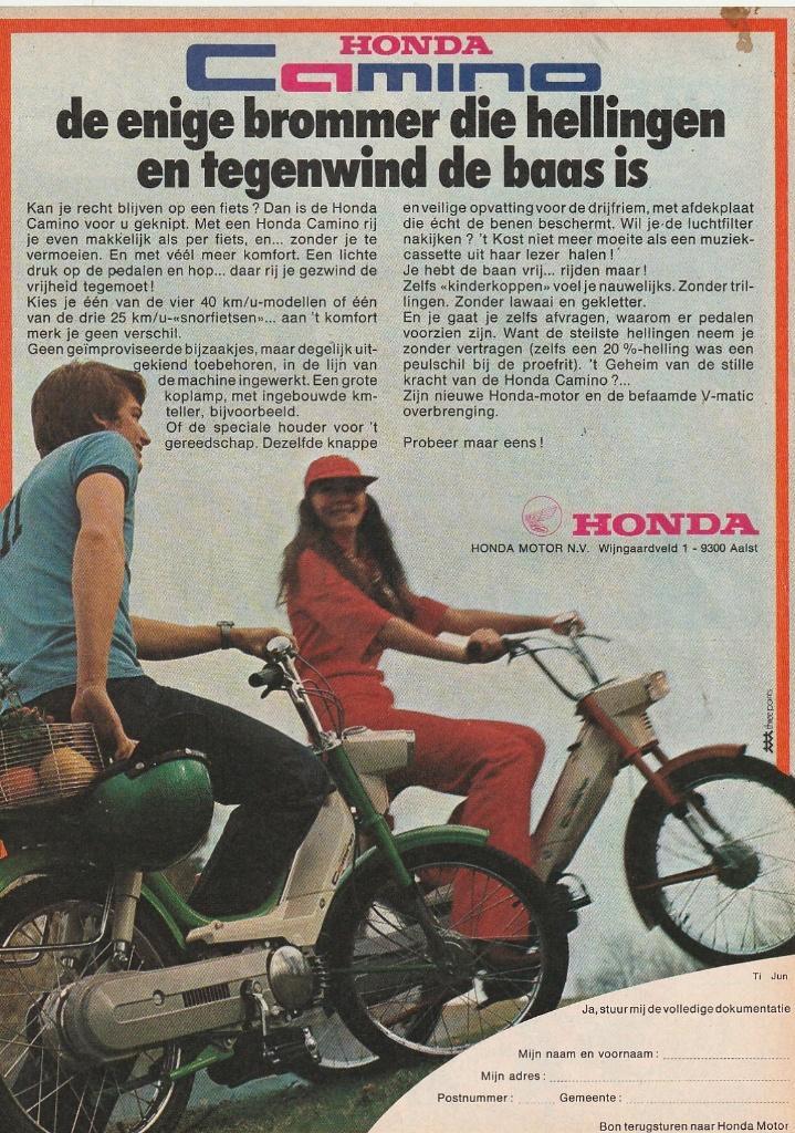 retro reclame 1978 Honda Camino brommer ook op hellingen, Verzamelen, Retro, Overige typen, Verzenden