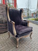 Klassieke oorfauteuil zwart velours - goud | louis XV, Huis en Inrichting, 75 tot 100 cm, Gebruikt, Ophalen of Verzenden, Louis XV