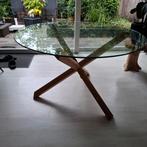 Glazen Eettafel met Houten Onderstel, Huis en Inrichting, Glas, Rond, Ophalen of Verzenden, Zo goed als nieuw