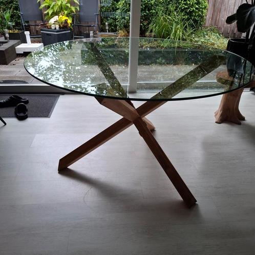 Glazen Eettafel met Houten Onderstel, Huis en Inrichting, Tafels | Eettafels, Zo goed als nieuw, 100 tot 150 cm, 100 tot 150 cm