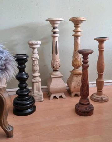 6 grote Brocante Barok kandelaars hout beschikbaar voor biedingen