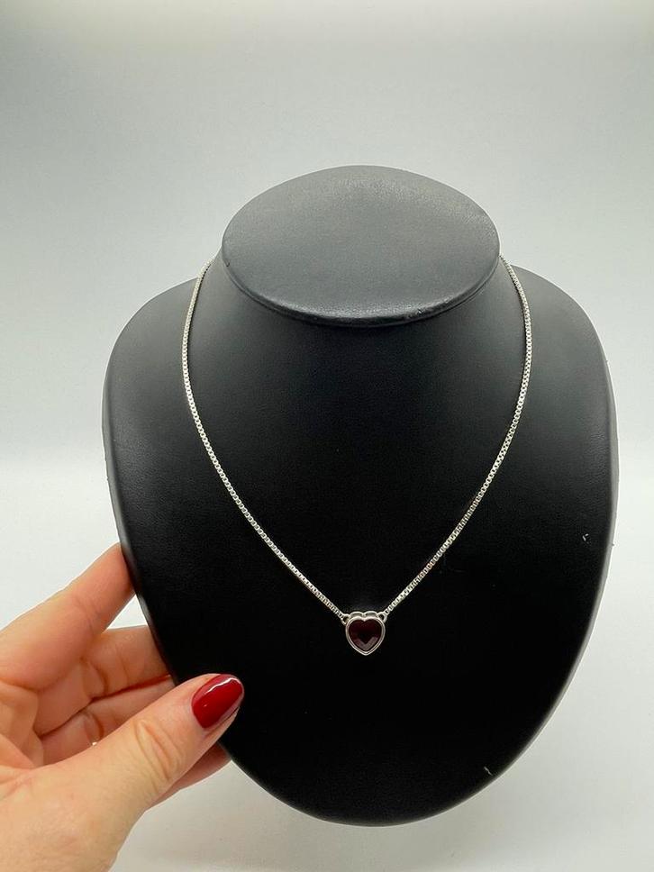 A74 Prachtige zilveren esprit ketting hart roze saffier, Sieraden, Tassen en Uiterlijk, Kettingen, Zilver, Zilver, Met edelsteen