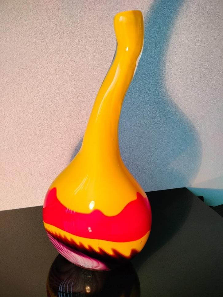 Italië Murano Design Glas Vaas Geel Rood Vintage 1970, Antiek en Kunst, Antiek | Glas en Kristal, Ophalen of Verzenden