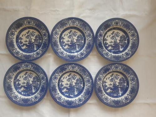 Engels Ironstone Staffordshire: 6x diep bord Old Willow, Antiek en Kunst, Antiek | Servies los, Ophalen of Verzenden