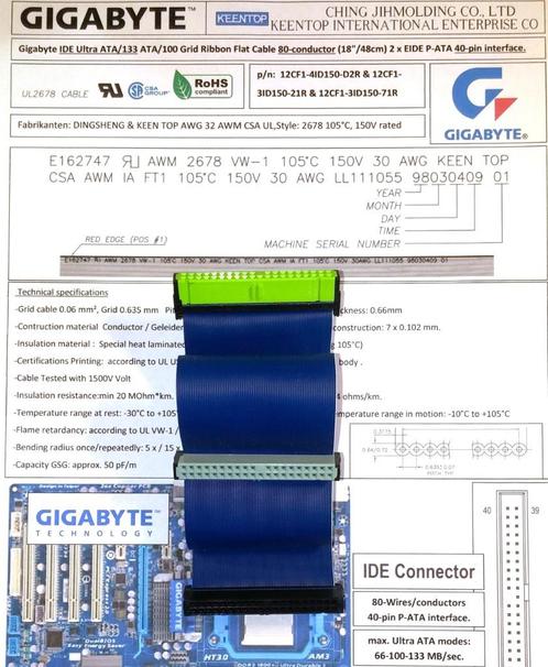 Gigabyte Ultra DMA IDE ATA kabel 80-wire Flatcable Xbox 18", Computers en Software, Vintage Computers, Ophalen of Verzenden