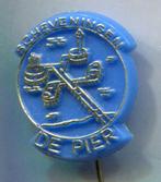Pier Scheveningen goud op blauw plastic speldje ( W_184 ), Verzenden, Zo goed als nieuw, Transport, Speldje of Pin