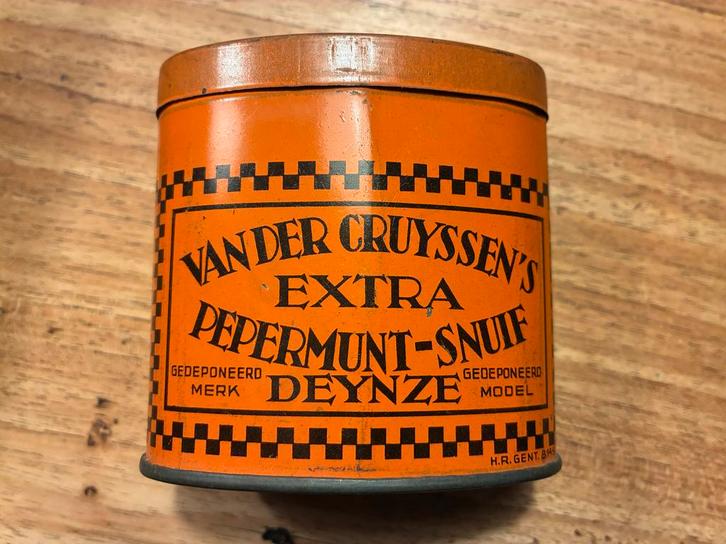 Oud blik Van der Cruyssen's Pepermunt-Snuff, Verzamelen, Rookartikelen, Aanstekers en Luciferdoosjes, Gebruikt, Tabaksdoos of Verpakking