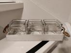 Houten tray met glazen bakjes en touw, Ophalen of Verzenden, Gebruikt
