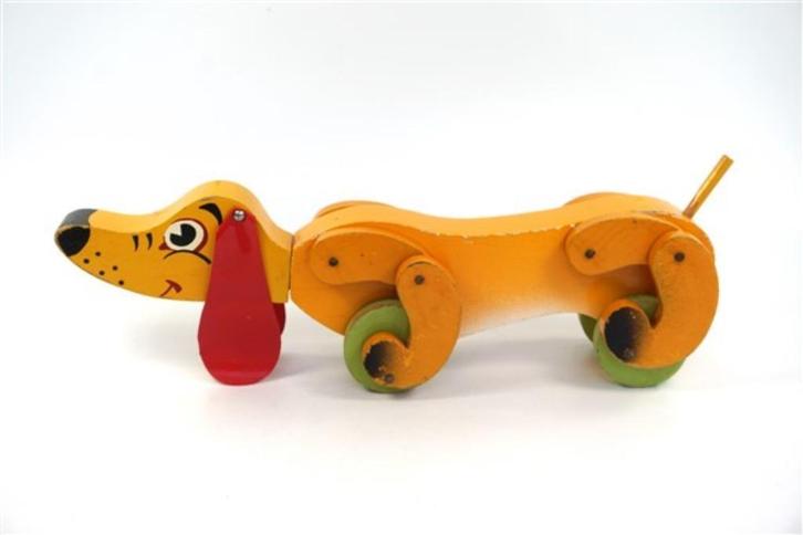 Vintage-antieke houten hond op wielen, Antiek en Kunst, Antiek | Speelgoed, Ophalen of Verzenden