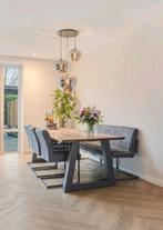 Boomstamtafel met 3 stoelen en bank -- complete eetkamerset, Ophalen, Gebruikt, Eikenhout, 200 cm of meer