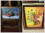Oud schilderijtje canvas in lijst bloemen stilleven, Antiek en Kunst, Ophalen of Verzenden