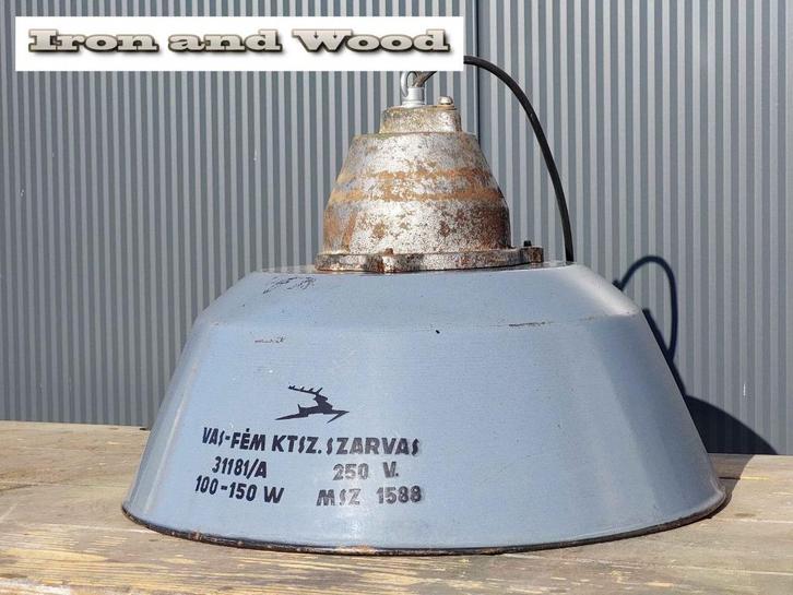 Oude blauw grijze stoere emaille hanglamp - lamp D36 H25, Antiek en Kunst, Antiek | Lampen, Ophalen of Verzenden