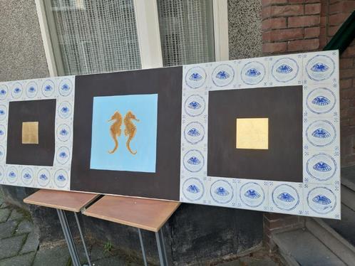 Schilderij, uniek, met zeepaardjes en stukjes bladgoud. Spec, Antiek en Kunst, Kunst | Schilderijen | Klassiek, Ophalen of Verzenden