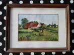 Ingelijst waterverf schilderijtje 20 x26 cm boerenerf, Antiek en Kunst, Kunst | Schilderijen | Klassiek, Ophalen of Verzenden