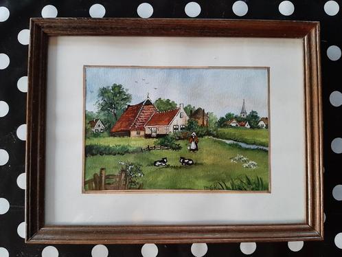Ingelijst waterverf schilderijtje 20 x26 cm boerenerf, Antiek en Kunst, Kunst | Schilderijen | Klassiek, Ophalen of Verzenden