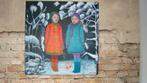 Schilderij: Twee meisjes met kitty in de sneeuw. 80 x 80 cm., Ophalen