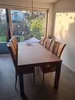 Massief eiken eettafel met 6 leren stoelen, Ophalen of Verzenden, Gebruikt, Modern, 6 tot 8 stoelen