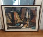 Houtsnede, vintage, gesigneerd,  duif, lamp en kan, Ophalen