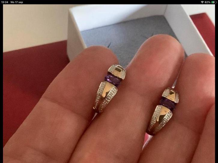 Prachtige vintage gouden oorbellen Amethist Briljant 8 k 333, Sieraden, Tassen en Uiterlijk, Oorbellen, Zo goed als nieuw, Knopjes of Stekers