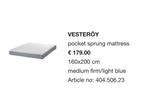 IKEA VESTERÖY pocket sprung mattress 160x200, Ophalen, Tweepersoons, Zo goed als nieuw, Matras
