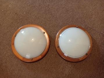 2 Plafondlampen/Plafonnières Hout & Glas beschikbaar voor biedingen