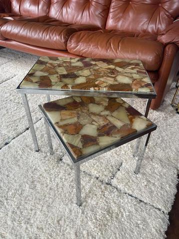 Vintage Onyx & Epoxy Marmer Mimiset Bijzettafels/Side Tables beschikbaar voor biedingen