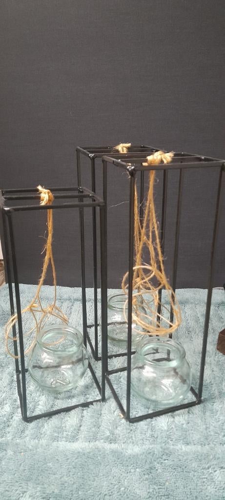 Plantenhangers met glazen potjes - Zwart Metaal, Ophalen of Verzenden, Nieuw, Zwart, Metaal