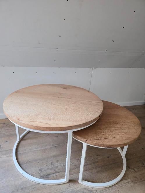 Set trendy salontafels – wit onderstel & houten blad, Huis en Inrichting, Tafels | Bijzettafels, Gebruikt, Rond, Hout, Ophalen