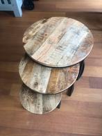 Set van 3 houten bijzettafels, Huis en Inrichting, Tafels | Bijzettafels, Gebruikt, Rond, 55 tot 75 cm, Industrieel