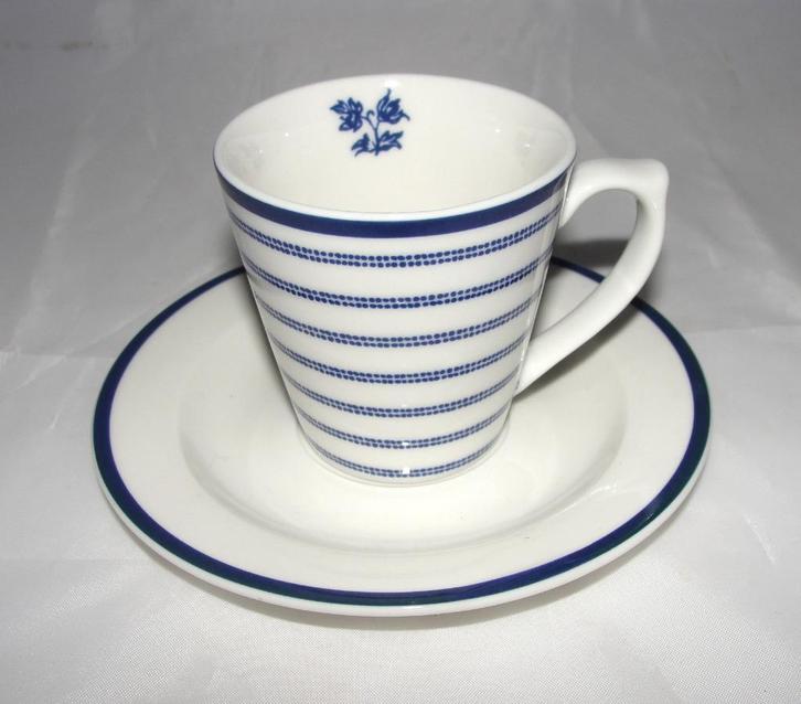 Laura Ashley espresso kop en schotel blauw-wit, Huis en Inrichting, Keuken | Servies, Zo goed als nieuw, Kop(pen) en/of Schotel(s)