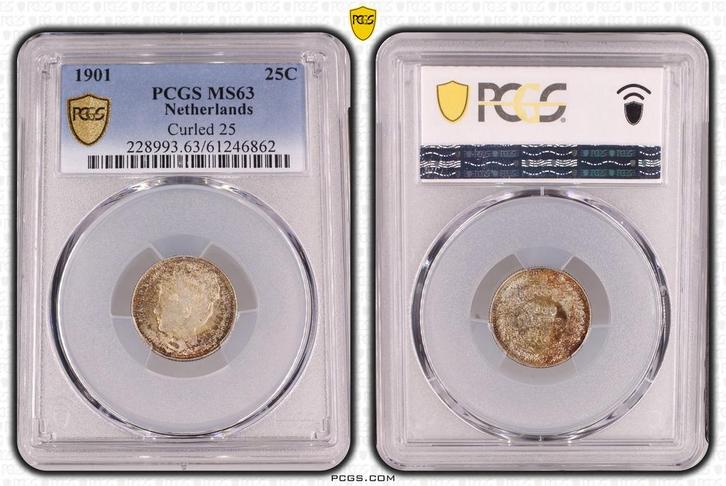 Kwartje 1901 brede hals pcgs MS63, Postzegels en Munten, Munten | Nederland, Losse munt, 25 cent, Koningin Wilhelmina, Zilver