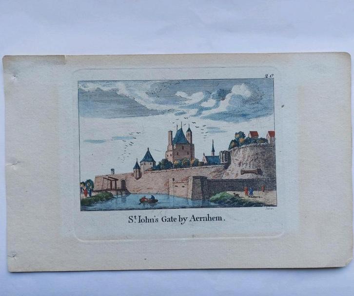 11 / Sint Janspoort te Arnhem gravure in kleur uit 18e eeuw, Antiek en Kunst, Kunst | Etsen en Gravures, Ophalen of Verzenden