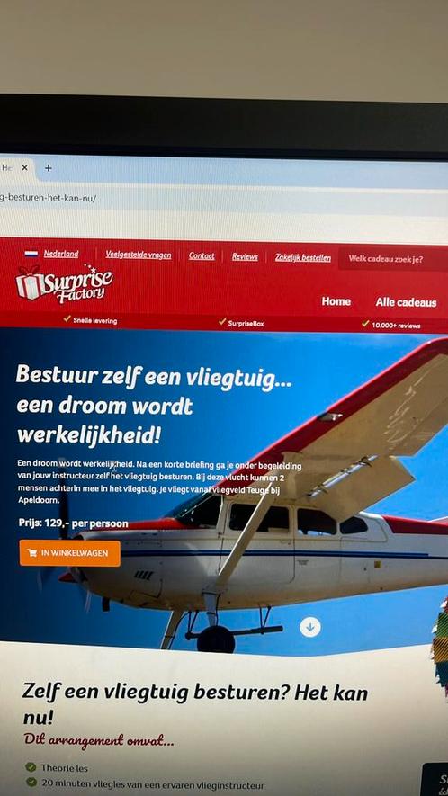 Waardecheque Suprise Factory - Zelf een vliegtuig besturen, Tickets en Kaartjes, Overige Tickets en Kaartjes, Eén persoon