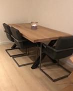 Industriële eettafel met eiken blad, Huis en Inrichting, Tafels | Eettafels, Ophalen, Gebruikt, Eikenhout, 200 cm of meer