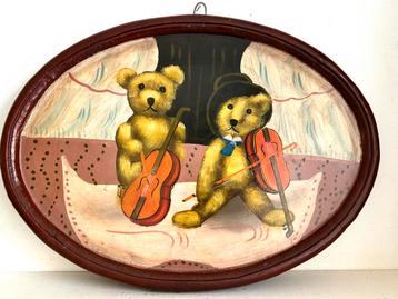 Vintage houten paneel olieverf Engelse teddyberen 55 cm beschikbaar voor biedingen