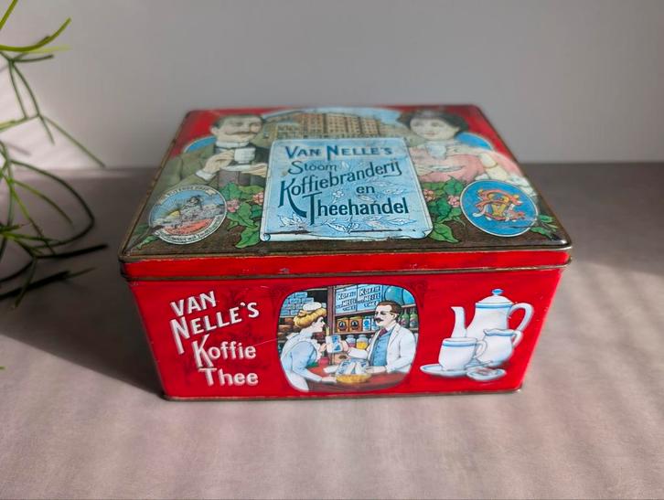 Vintage Van Nelle 's koffie en thee blik, oude illustraties, Verzamelen, Blikken, Gebruikt, Thee, Van Nelle, Ophalen of Verzenden