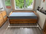 Massief Grenen eenpersoons bed uitklapbaar tot tweepersoons, Ophalen, Gebruikt, 90 cm, 200 cm