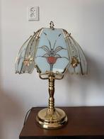 Vintage tafellamp goud messing & glas bloemmotief, Huis en Inrichting, Ophalen, Gebruikt, 50 tot 75 cm, Vintage