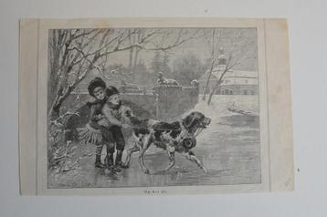 IJSPRET KINDEREN en HOND op IJS WINTER 1890 Houtgravure GS6 beschikbaar voor biedingen