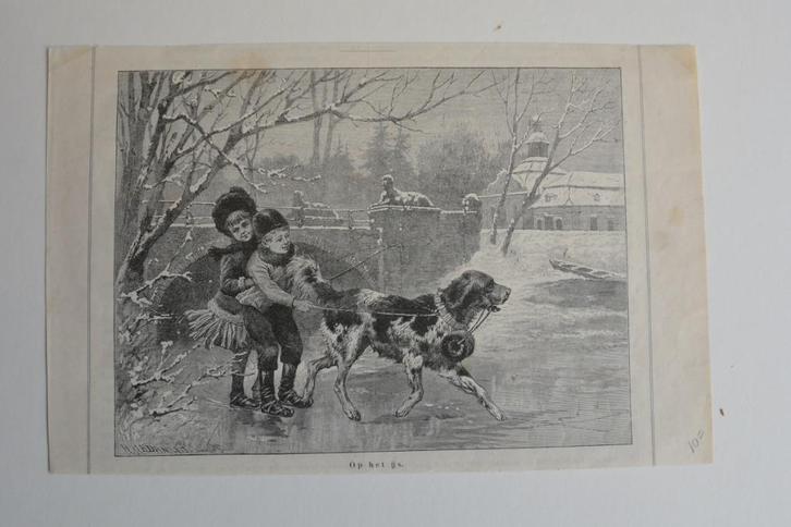 IJSPRET KINDEREN en HOND op IJS WINTER 1890 Houtgravure GS6, Antiek en Kunst, Kunst | Etsen en Gravures, Verzenden