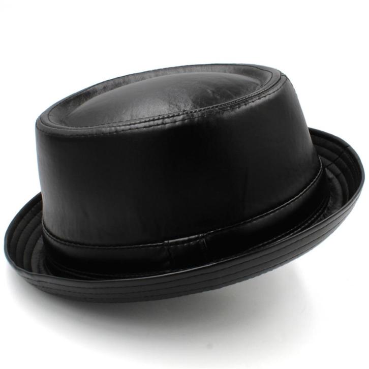 Zwarte leren pork pie hoed / heren dames jazz bowler, Kleding | Heren, Hoeden en Petten, Nieuw, Hoed, Verzenden