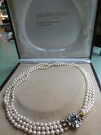 Antiek 3 rij Parelcollier 14 kt Gouden Slot roos Diamanten, Verzenden, Goud, Ketting, Met edelsteen