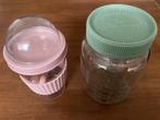 Glazen pot voor salade en plastic beker voor kwark/muesli, Ophalen, Zo goed als nieuw