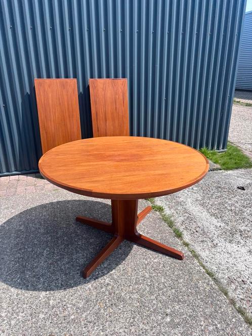 Vintage eettafel teak ronde tafel uitschuifbaar, Huis en Inrichting, Tafels | Eettafels, Gebruikt, 100 tot 150 cm, Vijf personen of meer