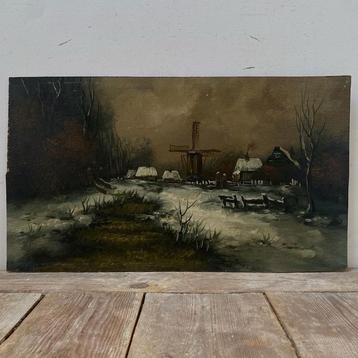 Antiek donker winters landschap olieverf schilderij beschikbaar voor biedingen