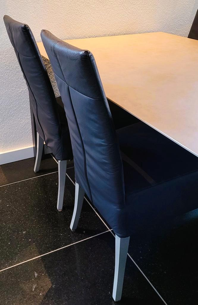 4 Comfortabele Leren Eetkamerstoelen, Huis en Inrichting, Stoelen, Gebruikt, Vier, Leer, Blauw, Ophalen